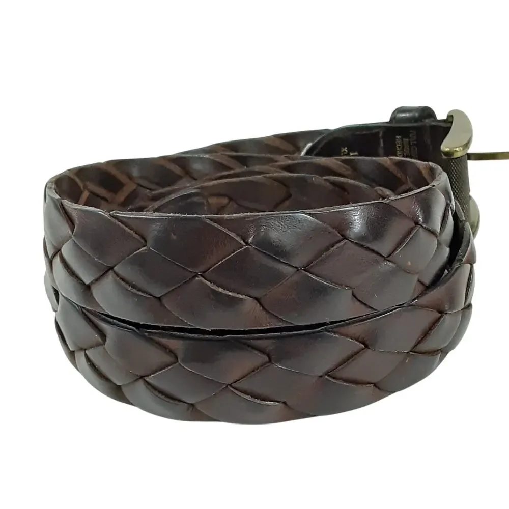 Vintage 90s Braided Leather Belt Brown Brass Buckle Full Grain Mens XL Luxury